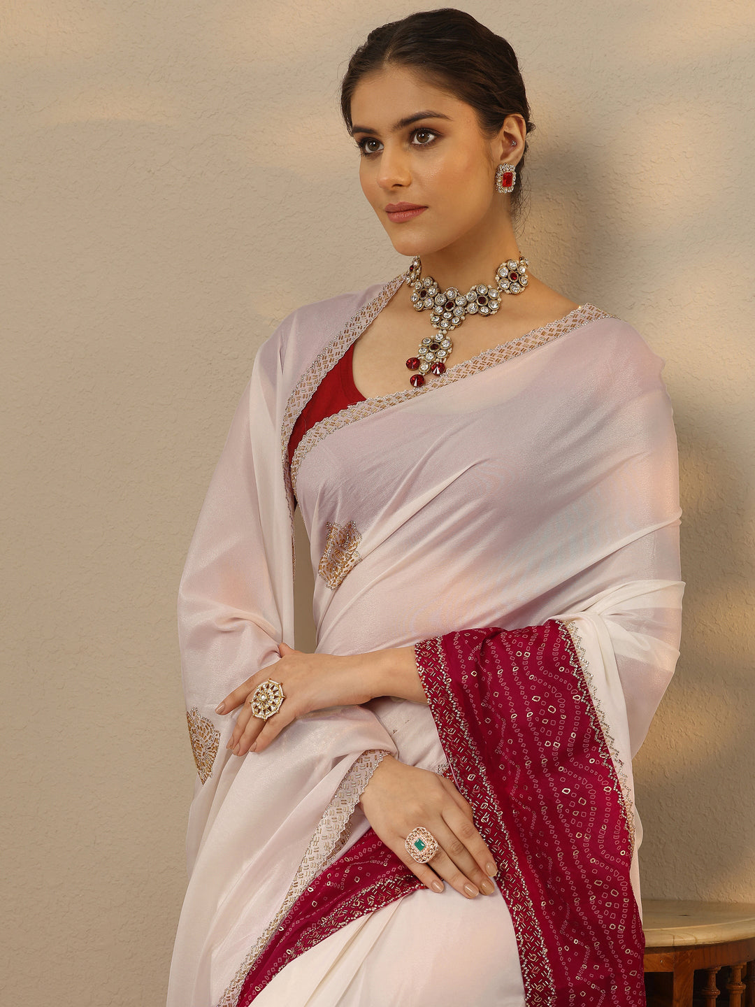  White Embellished Crepe Saree With Unstitched Blouse Piece 