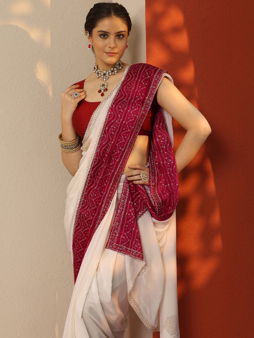 White Embellished Crepe Saree With Unstitched Blouse Piece 