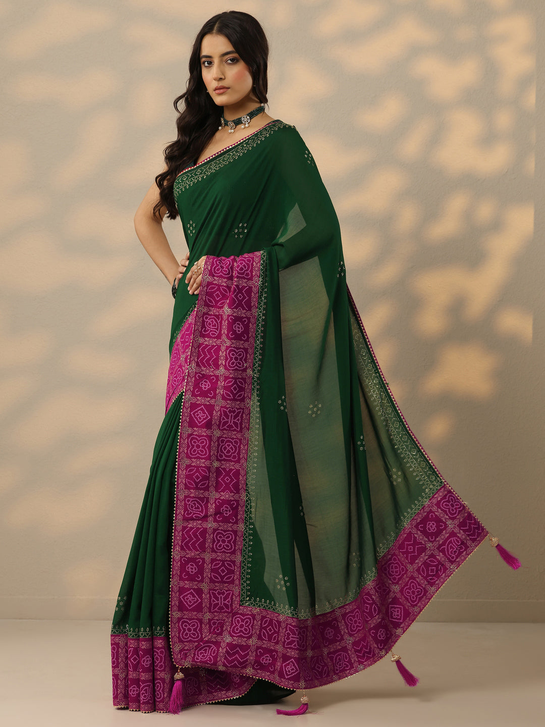  Green Printed Chinon Saree With Unstitched Blouse Piece 