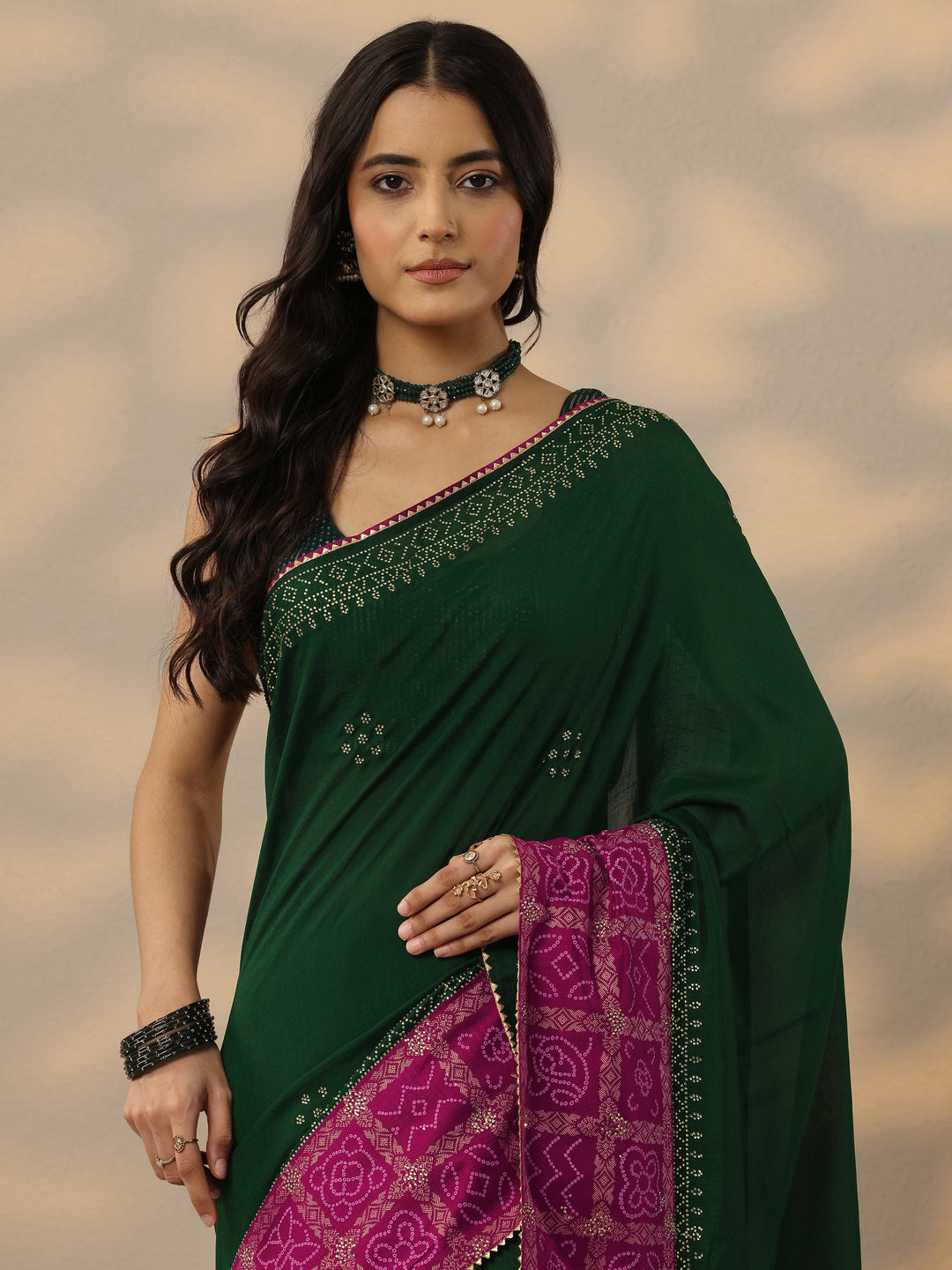 Green Printed Chinon Saree With Unstitched Blouse Piece 