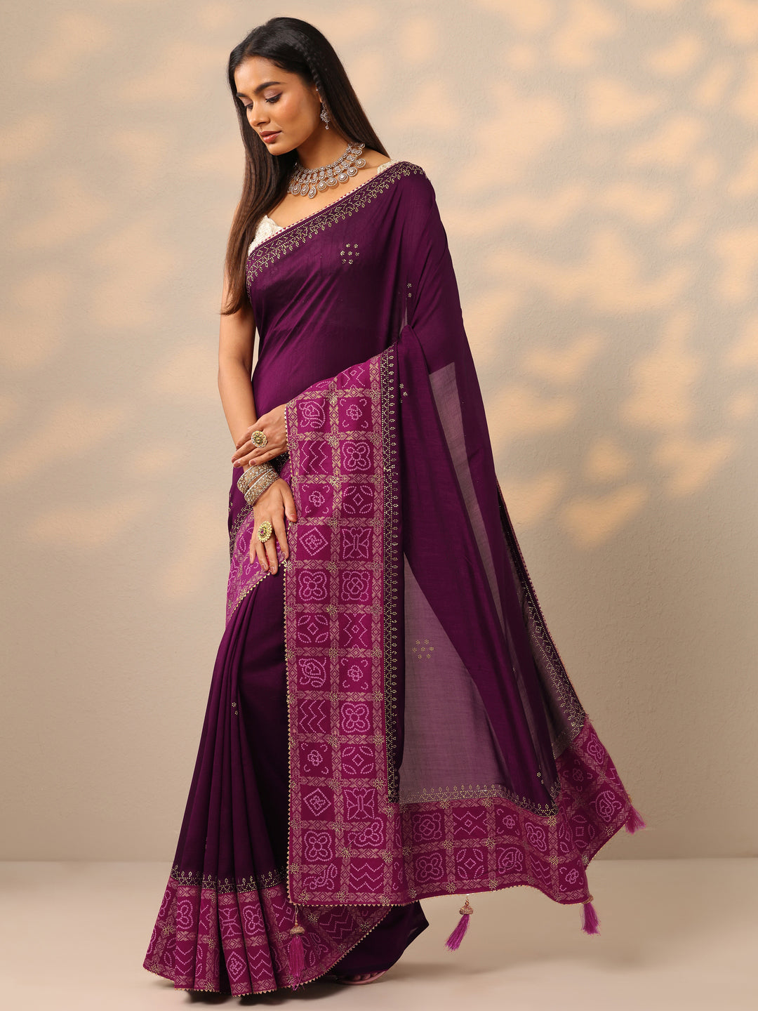  Burgundy Embroidered Chinon Saree With Unstitched Blouse Piece 