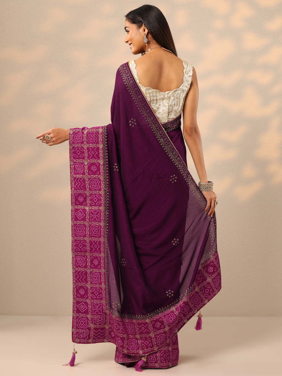  Burgundy Embroidered Chinon Saree With Unstitched Blouse Piece 