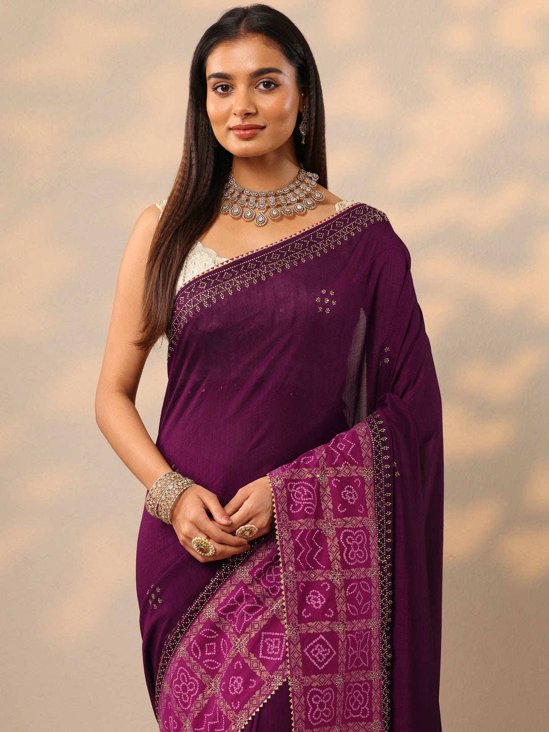  Burgundy Embroidered Chinon Saree With Unstitched Blouse Piece 