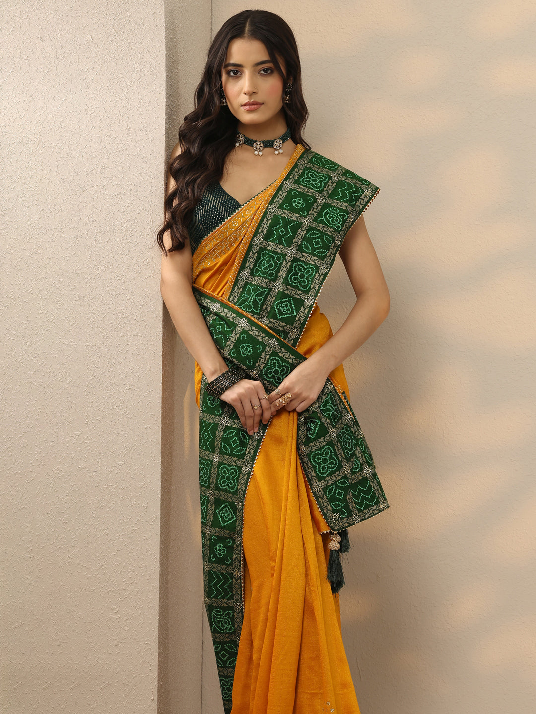 Mustard Printed Chinon Saree With Unstitched Blouse Piece
