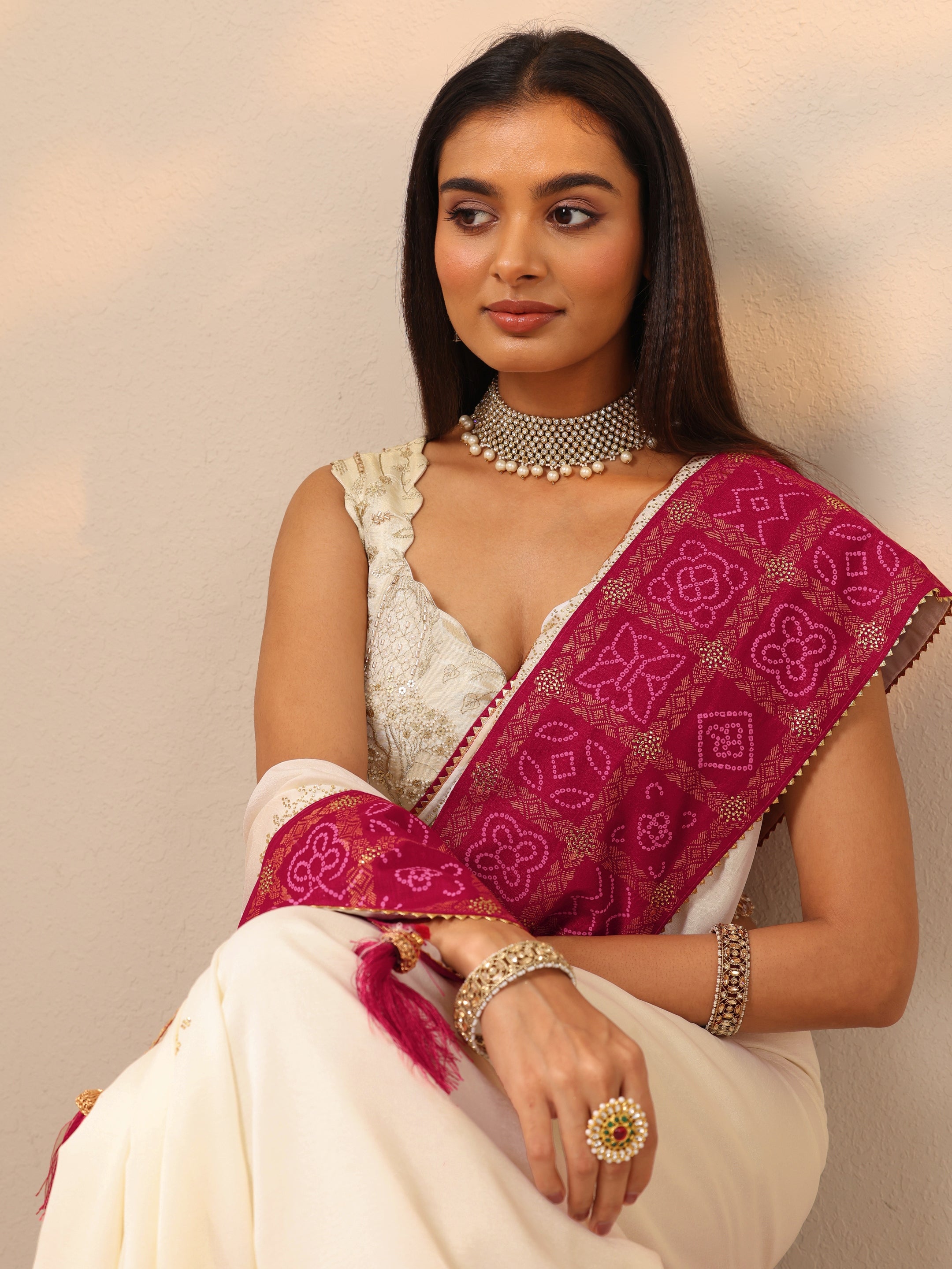 White Embroidered Chinon Saree With Unstitched Blouse Piece-image-32
