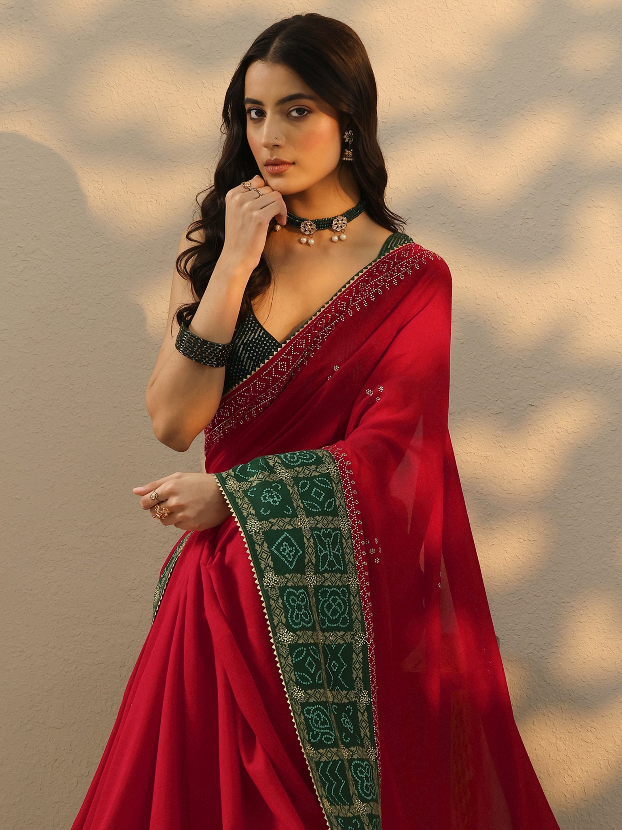 libas Red Printed Chinon Saree With Unstitched Blouse Piece-picture-63