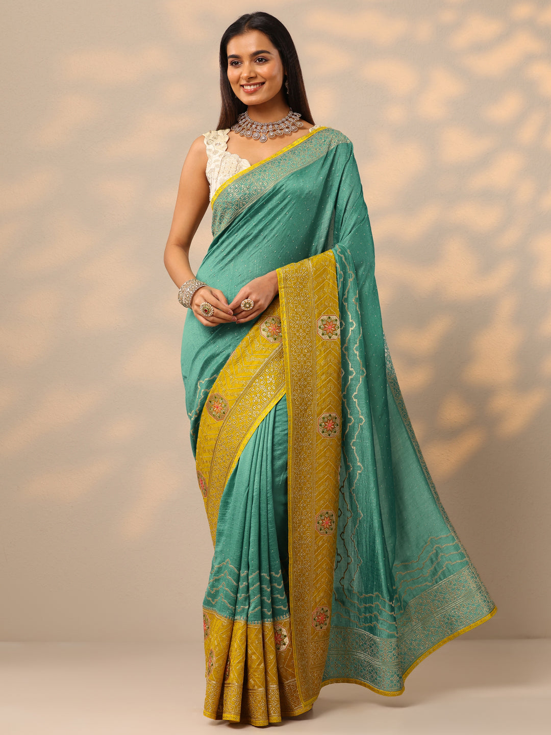  Turquoise Blue Embellished Silk blend Saree With Unstitched Blouse Piece 