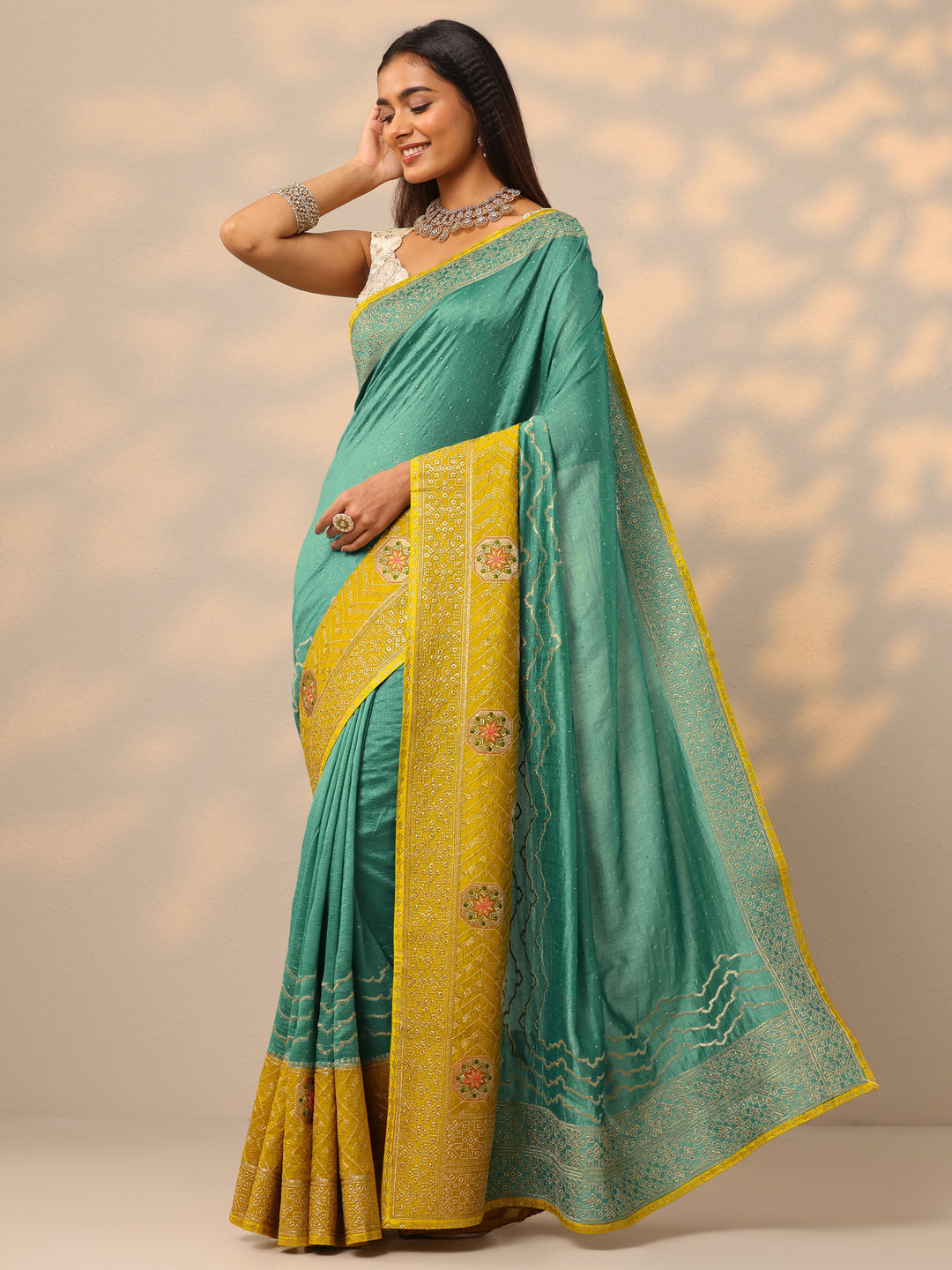  Turquoise Blue Embellished Silk blend Saree With Unstitched Blouse Piece 