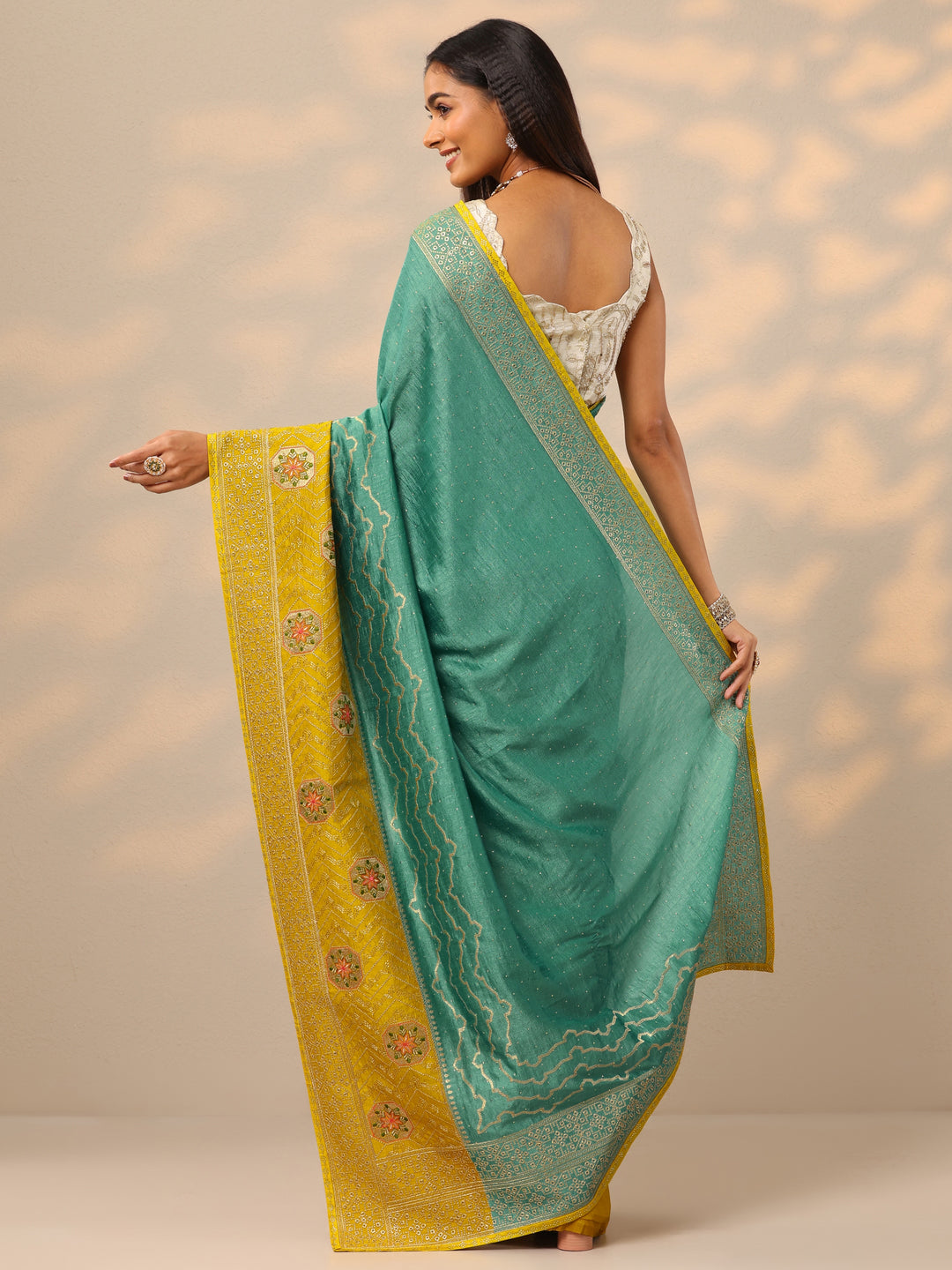  Turquoise Blue Embellished Silk blend Saree With Unstitched Blouse Piece 