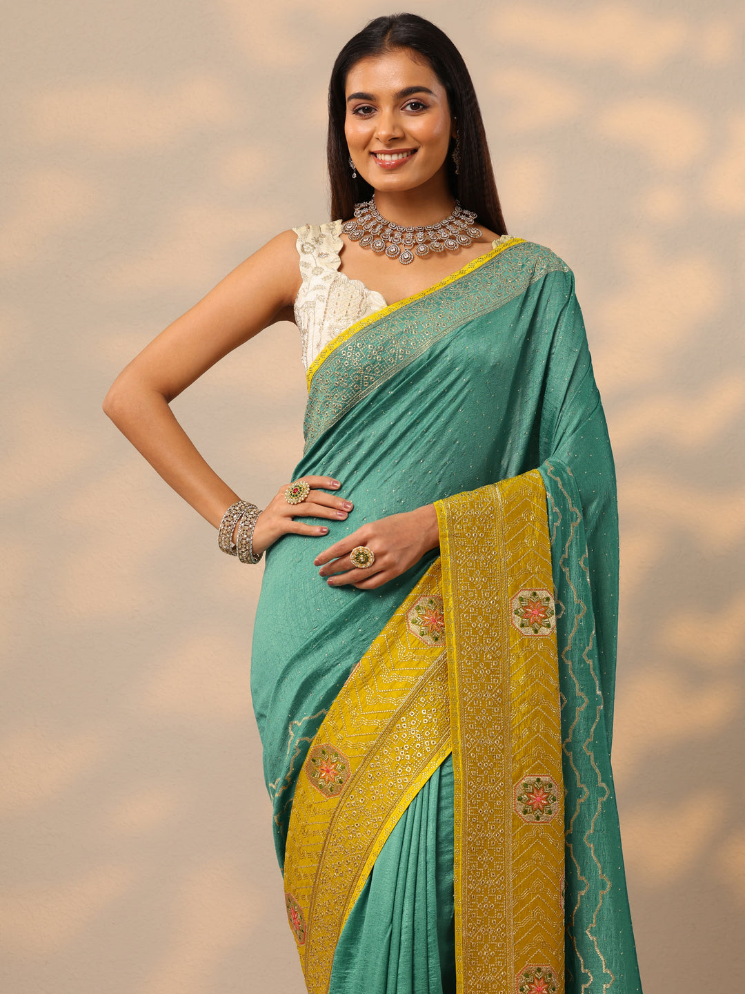  Turquoise Blue Embellished Silk blend Saree With Unstitched Blouse Piece 