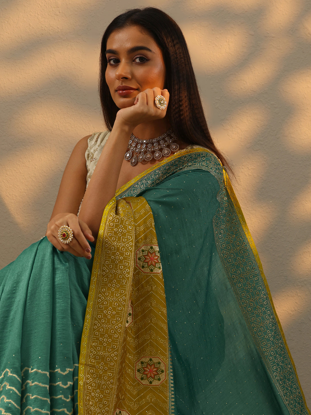 Turquoise Blue Embellished Silk blend Saree With Unstitched Blouse Piece