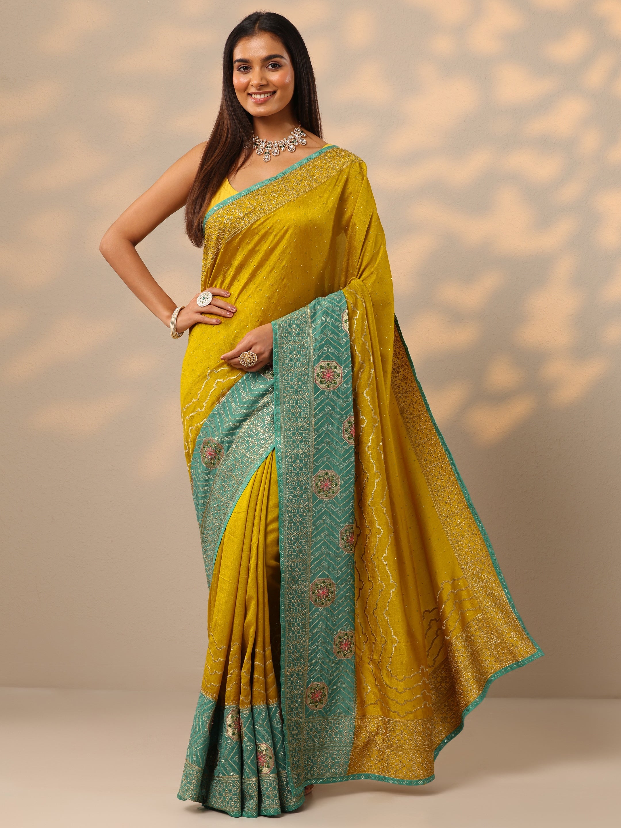 libas Mustard Embellished Silk blend Saree With Unstitched Blouse Piece-picture-28