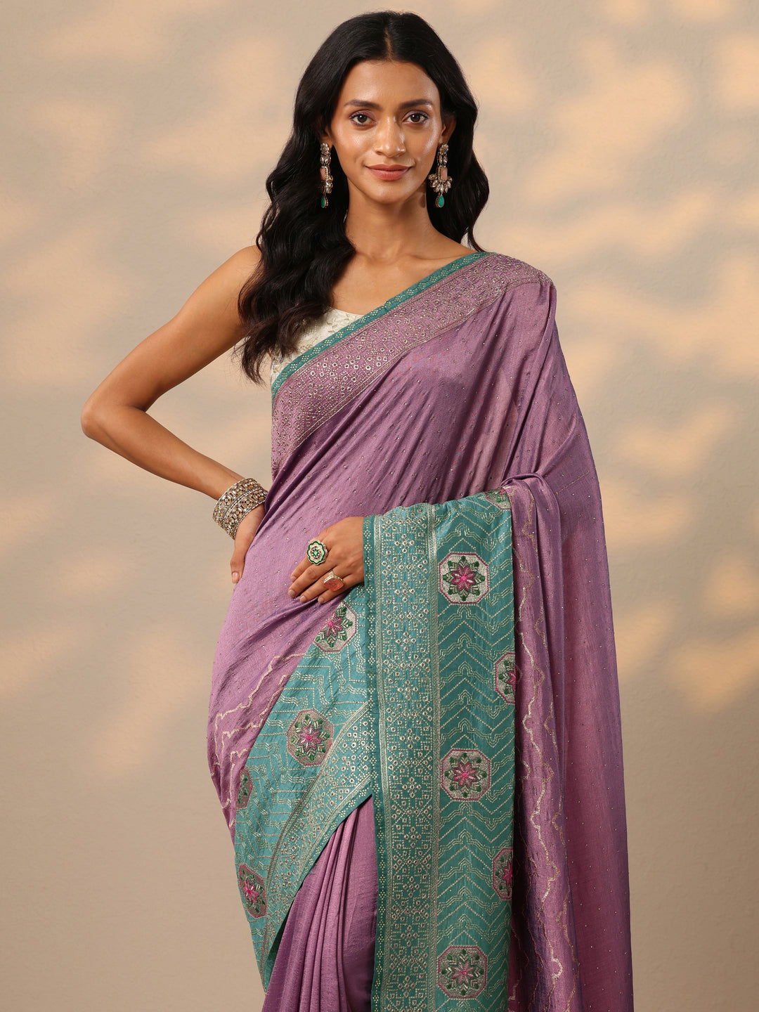  Purple Embellished Silk blend Saree With Unstitched Blouse Piece 