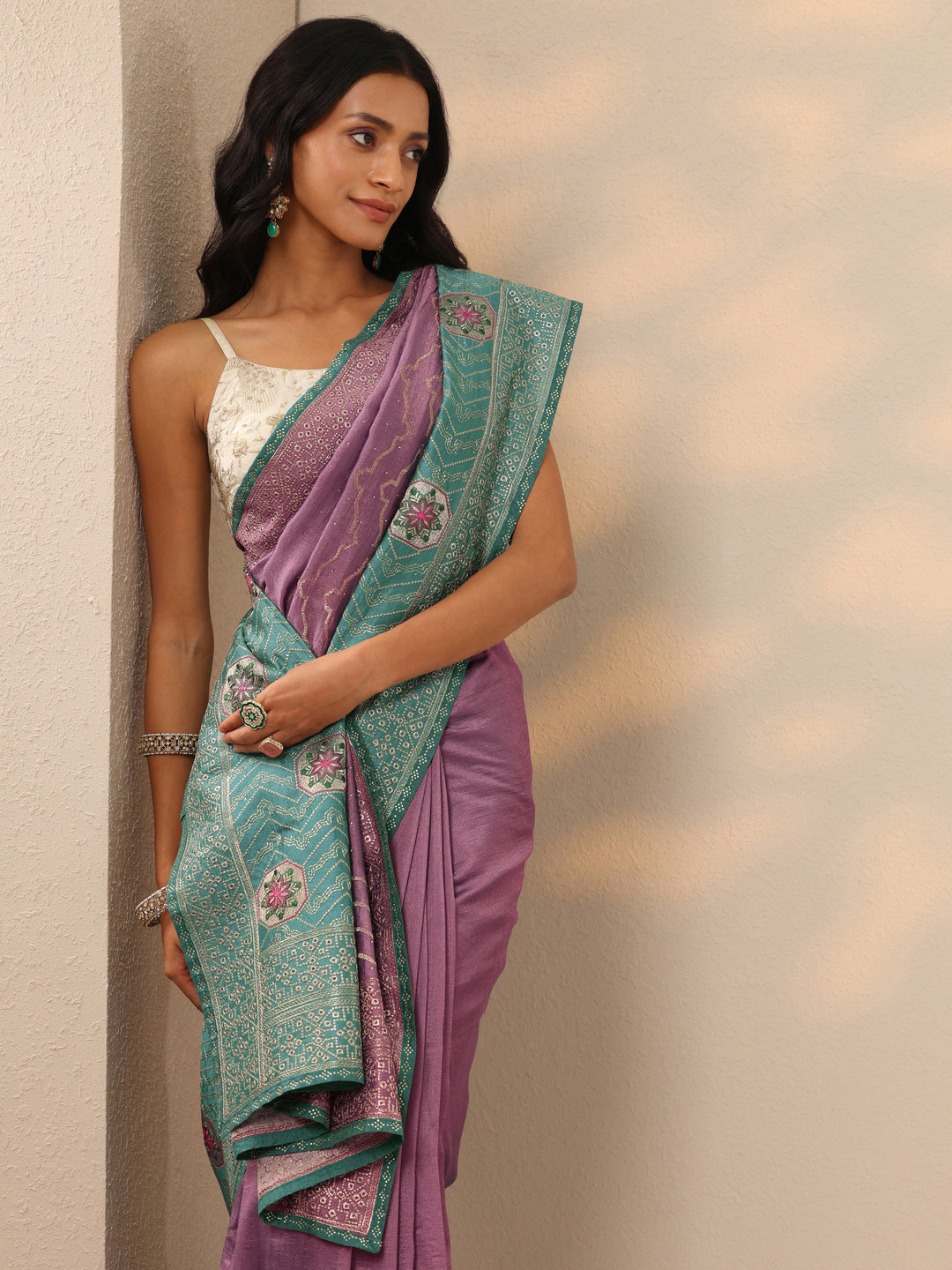  Purple Embellished Silk blend Saree With Unstitched Blouse Piece 