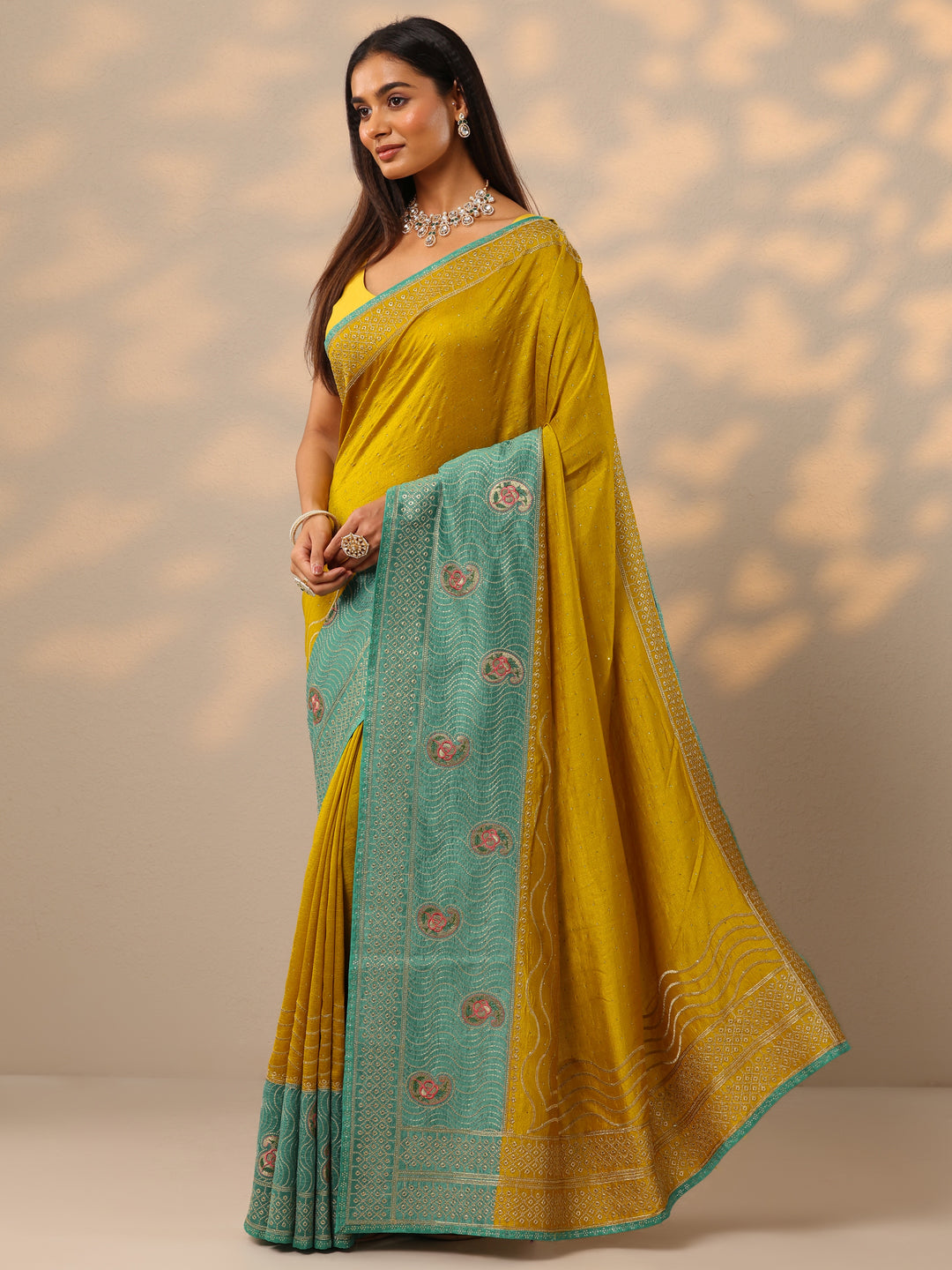  Mustard Embellished Silk Blend Saree With Unstitched Blouse Piece 