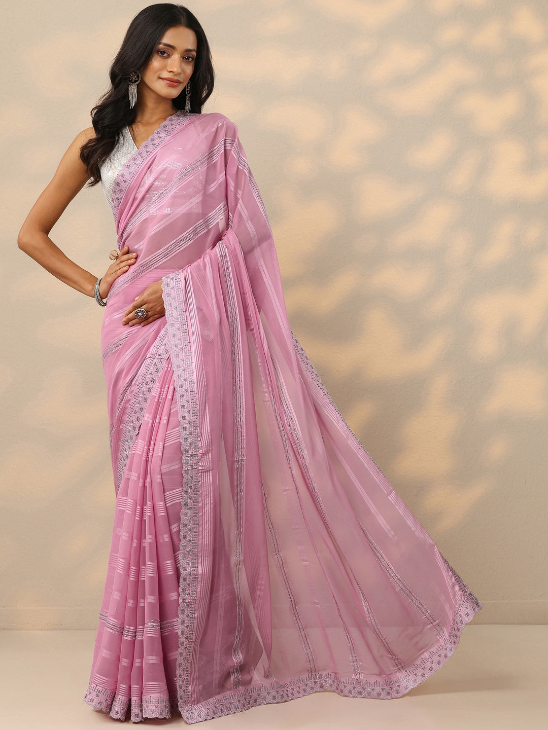  Pink Embellished Georgette Saree With Unstitched Blouse Piece 