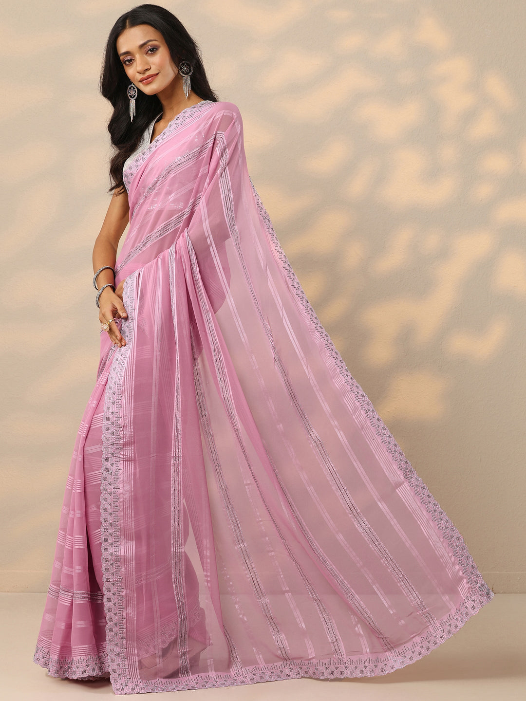  Pink Embellished Georgette Saree With Unstitched Blouse Piece 