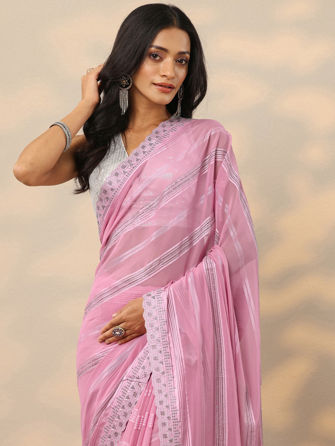  Pink Embellished Georgette Saree With Unstitched Blouse Piece 