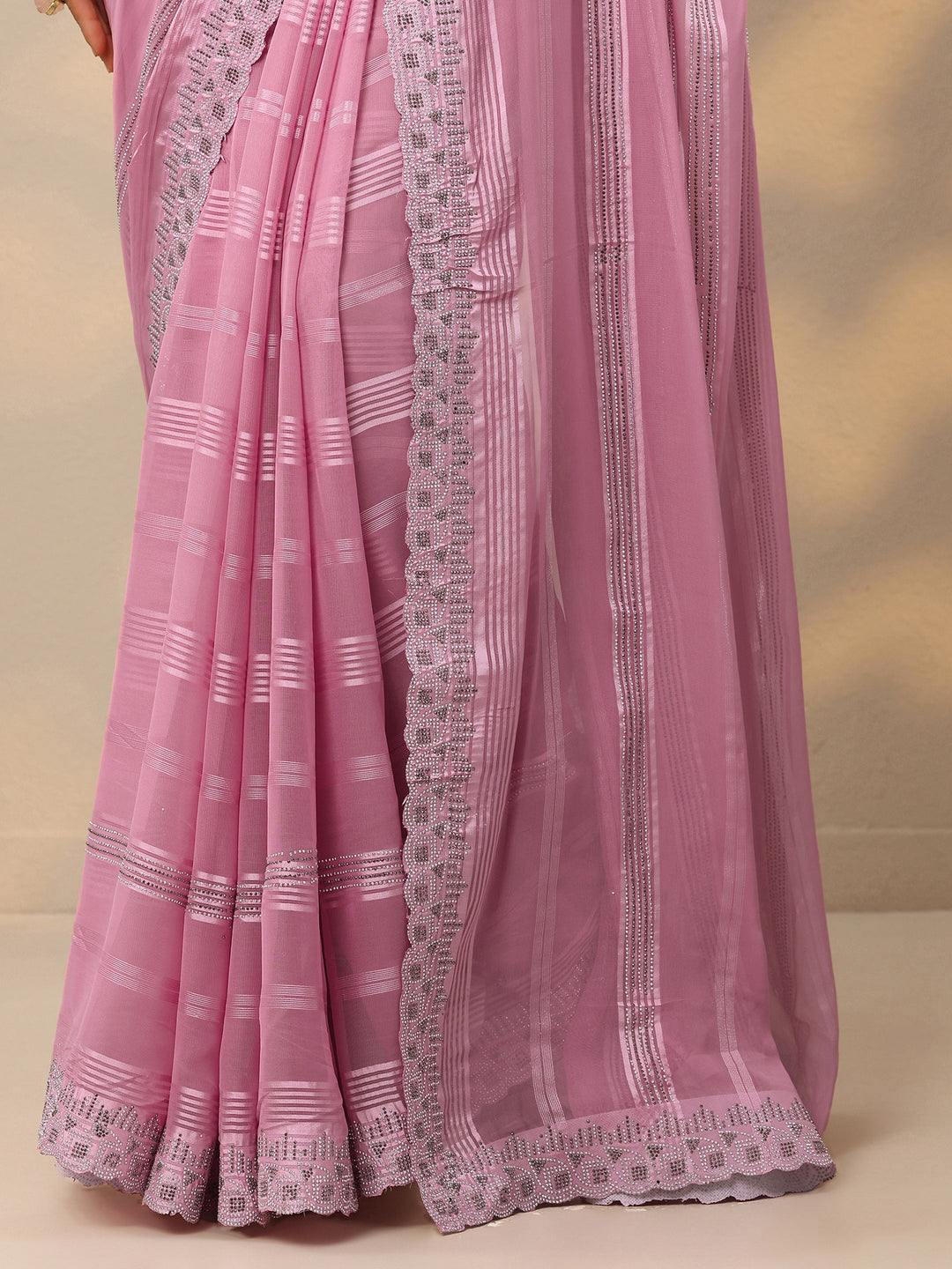  Pink Embellished Georgette Saree With Unstitched Blouse Piece 