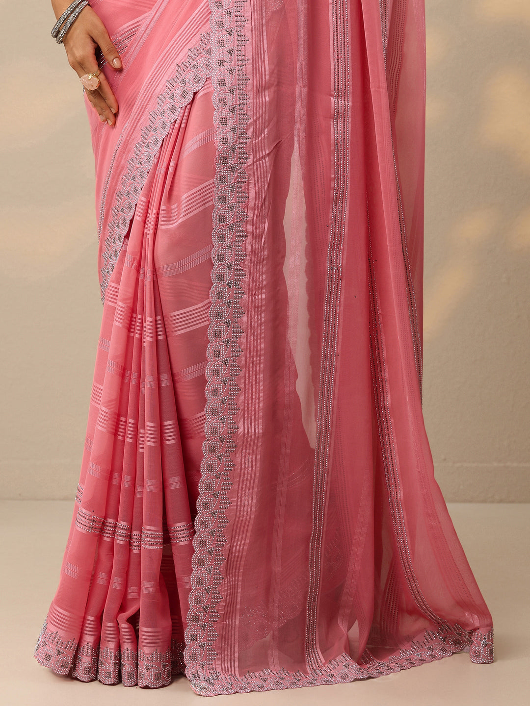  Peach Embellished Georgette Saree With Unstitched Blouse Piece 