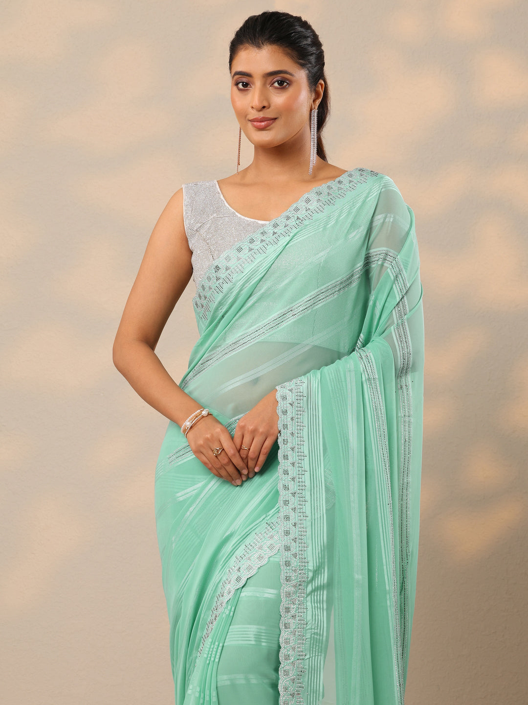 Blue Embellished Georgette Sarees With Unstitched Blouse Piece 