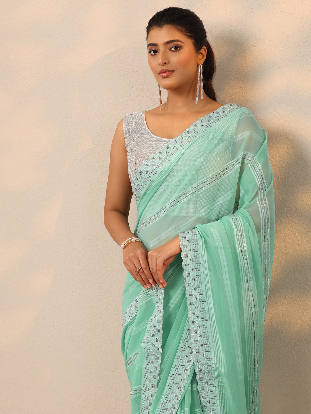  Blue Embellished Georgette Sarees With Unstitched Blouse Piece 