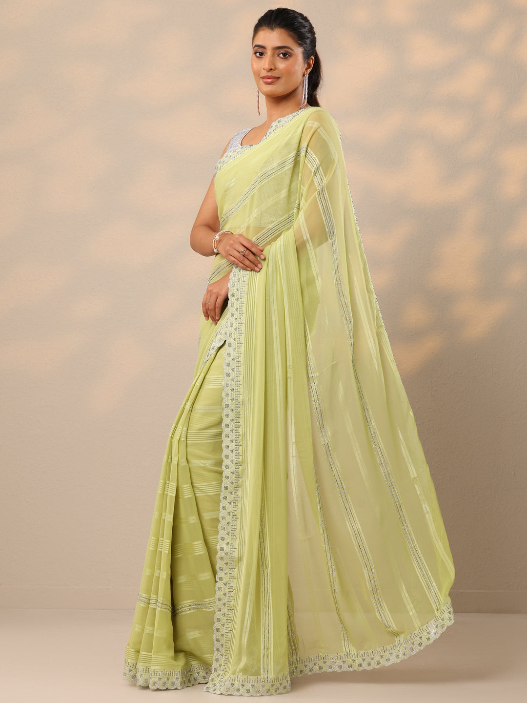  Green Embellished Georgette Sarees With Unstitched Blouse Piece 