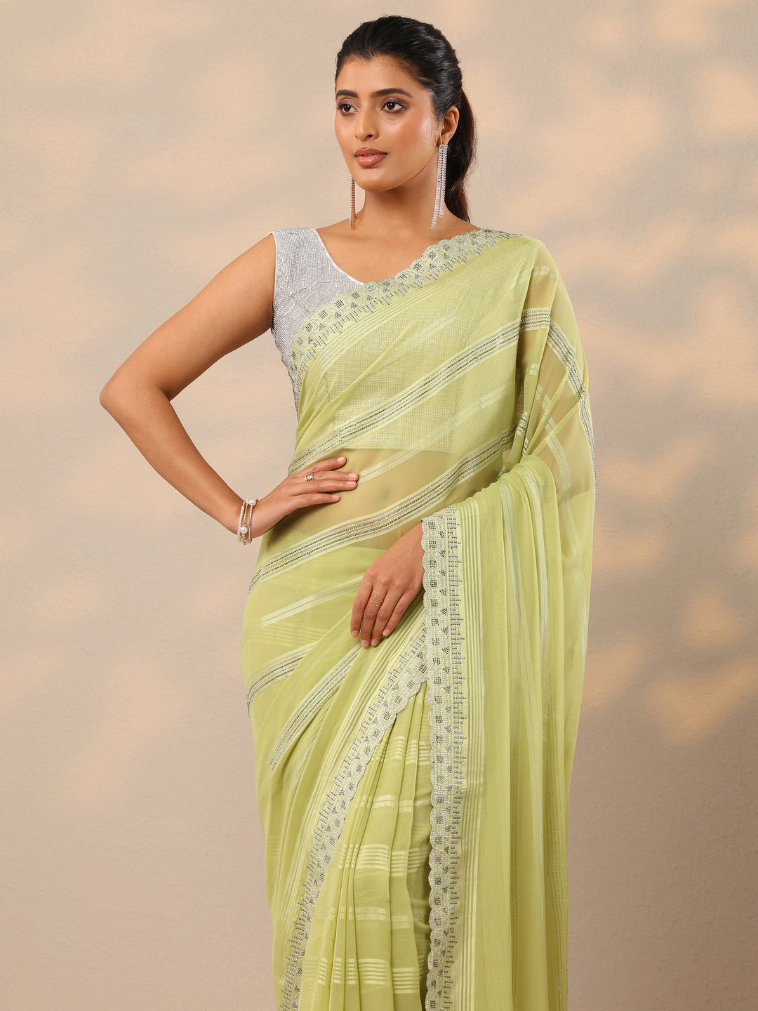  Green Embellished Georgette Sarees With Unstitched Blouse Piece 