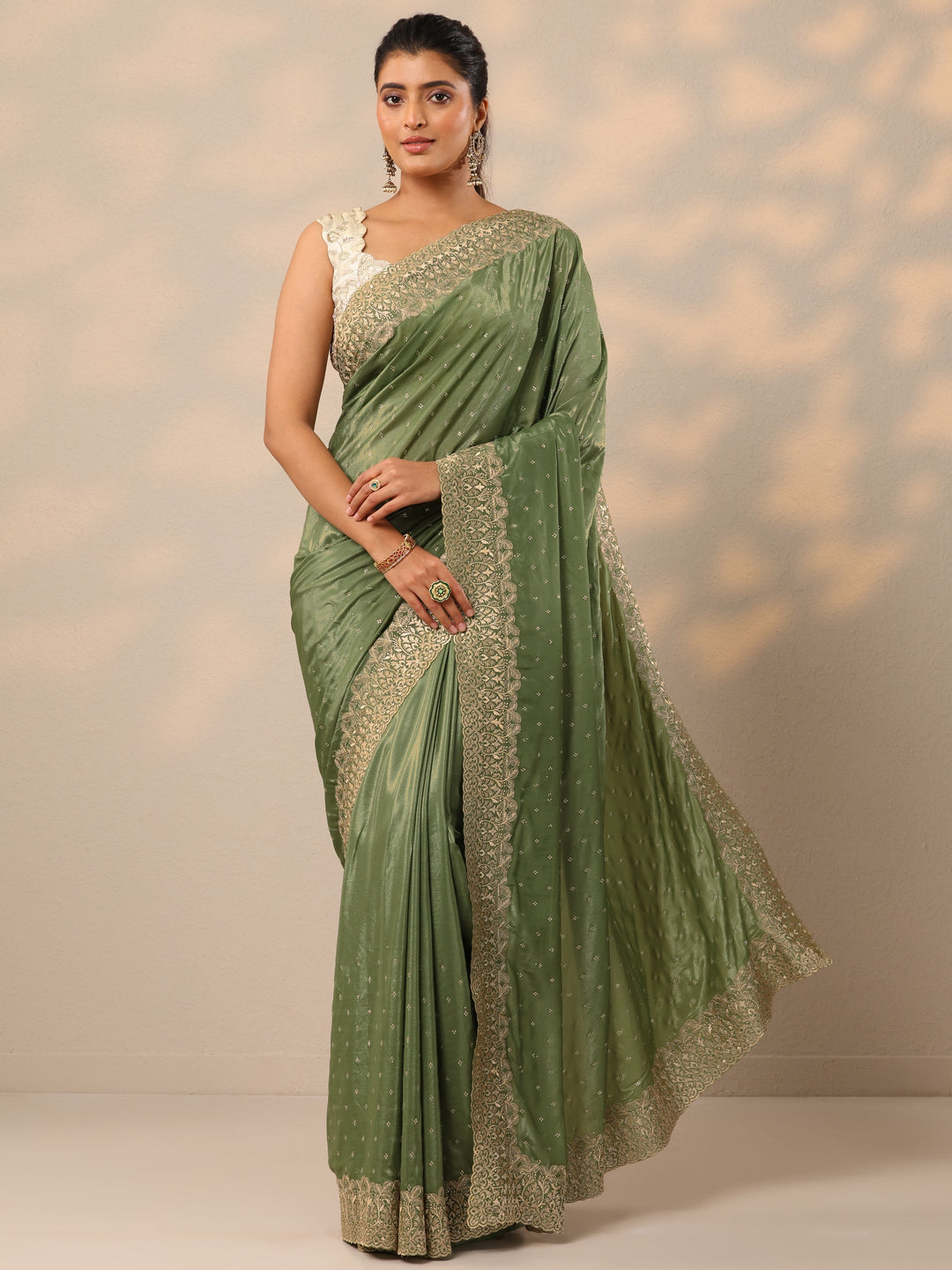  Green Embellished Crepe Sarees With Unstitched Blouse Piece 