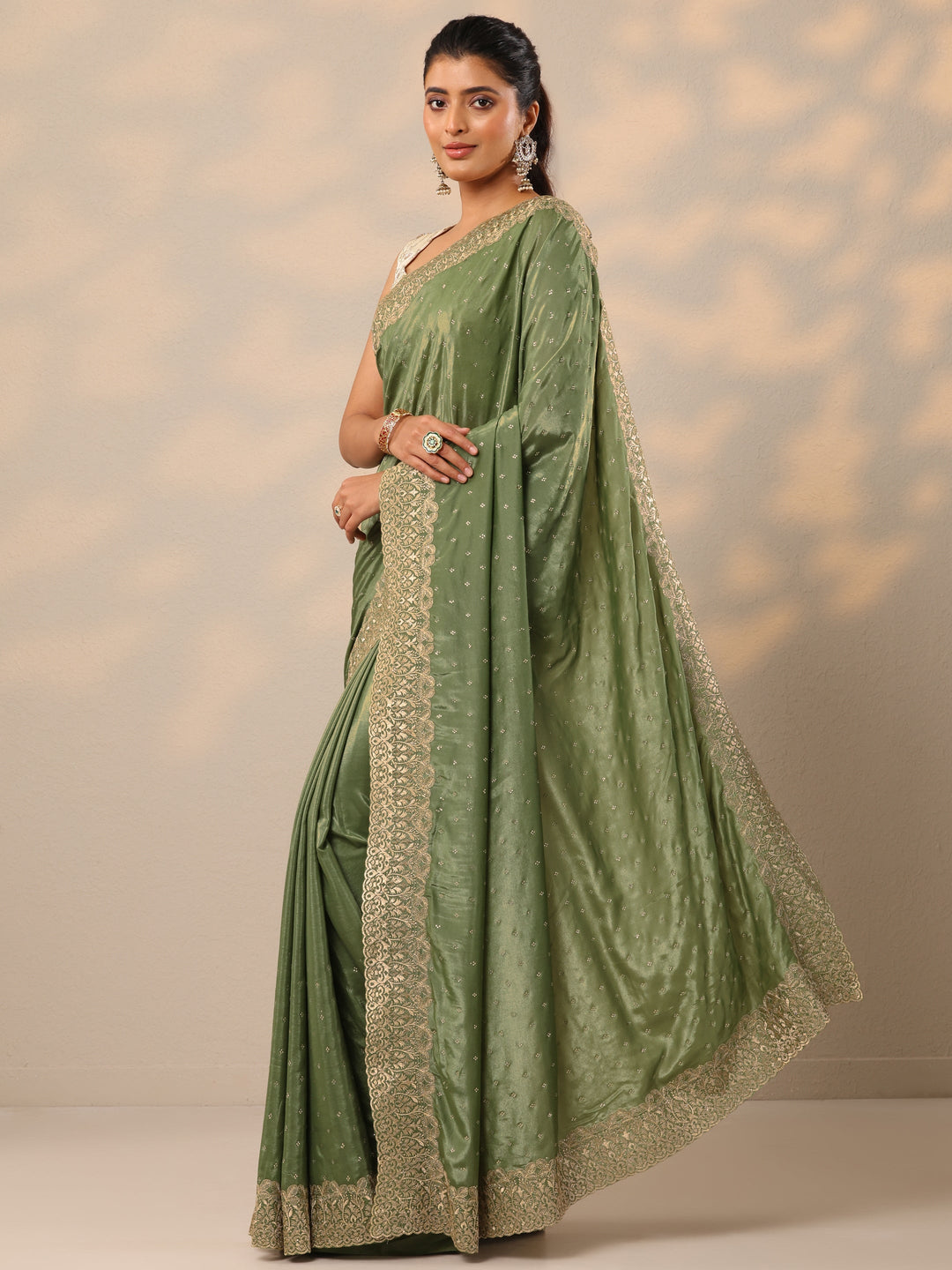  Green Embellished Crepe Sarees With Unstitched Blouse Piece 