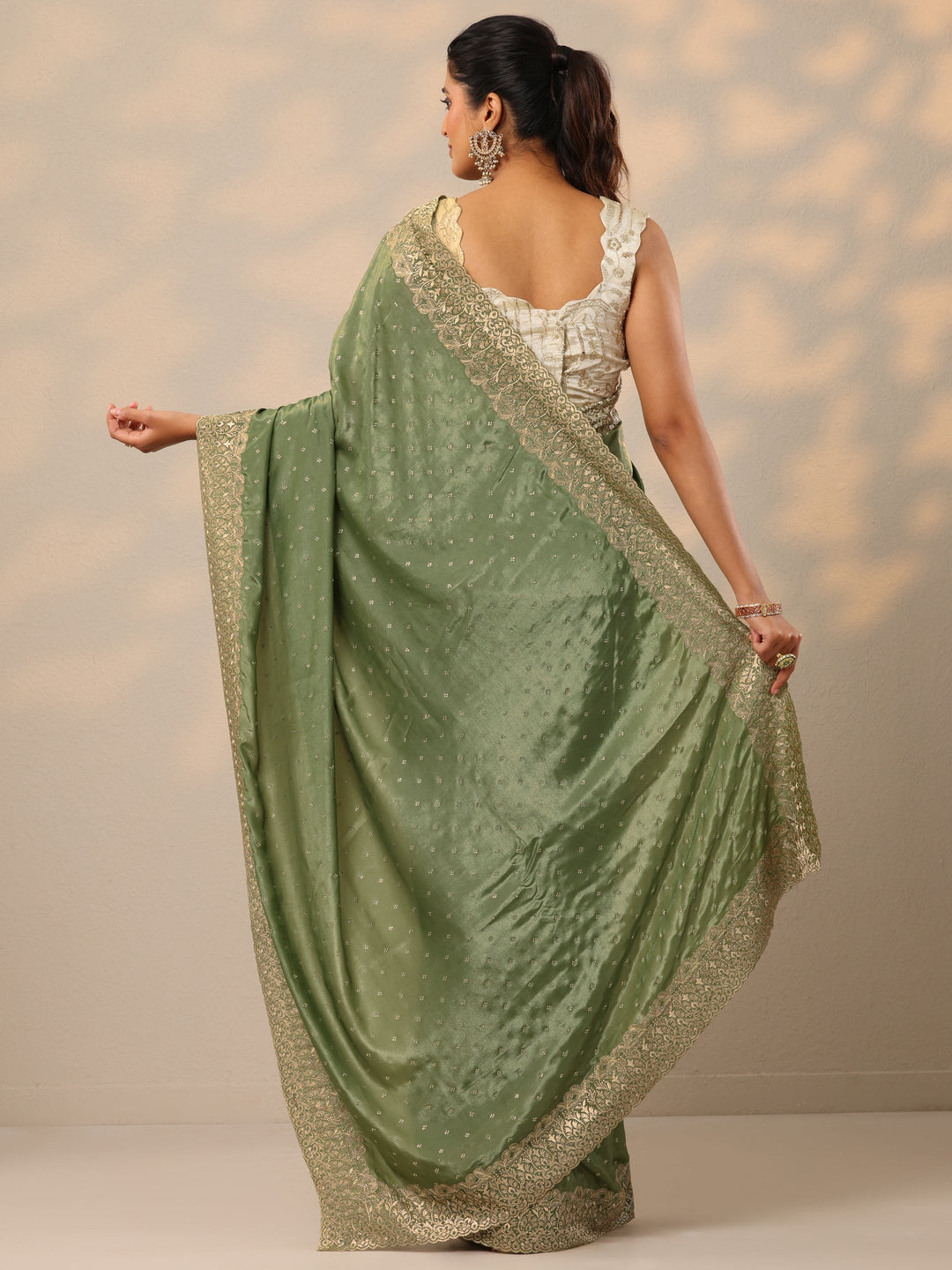  Green Embellished Crepe Sarees With Unstitched Blouse Piece 