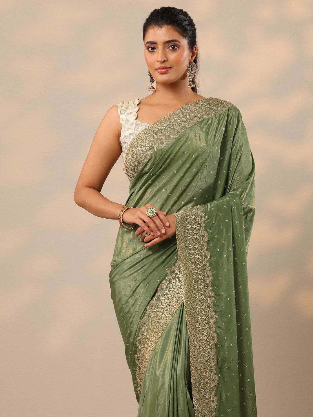  Green Embellished Crepe Sarees With Unstitched Blouse Piece 
