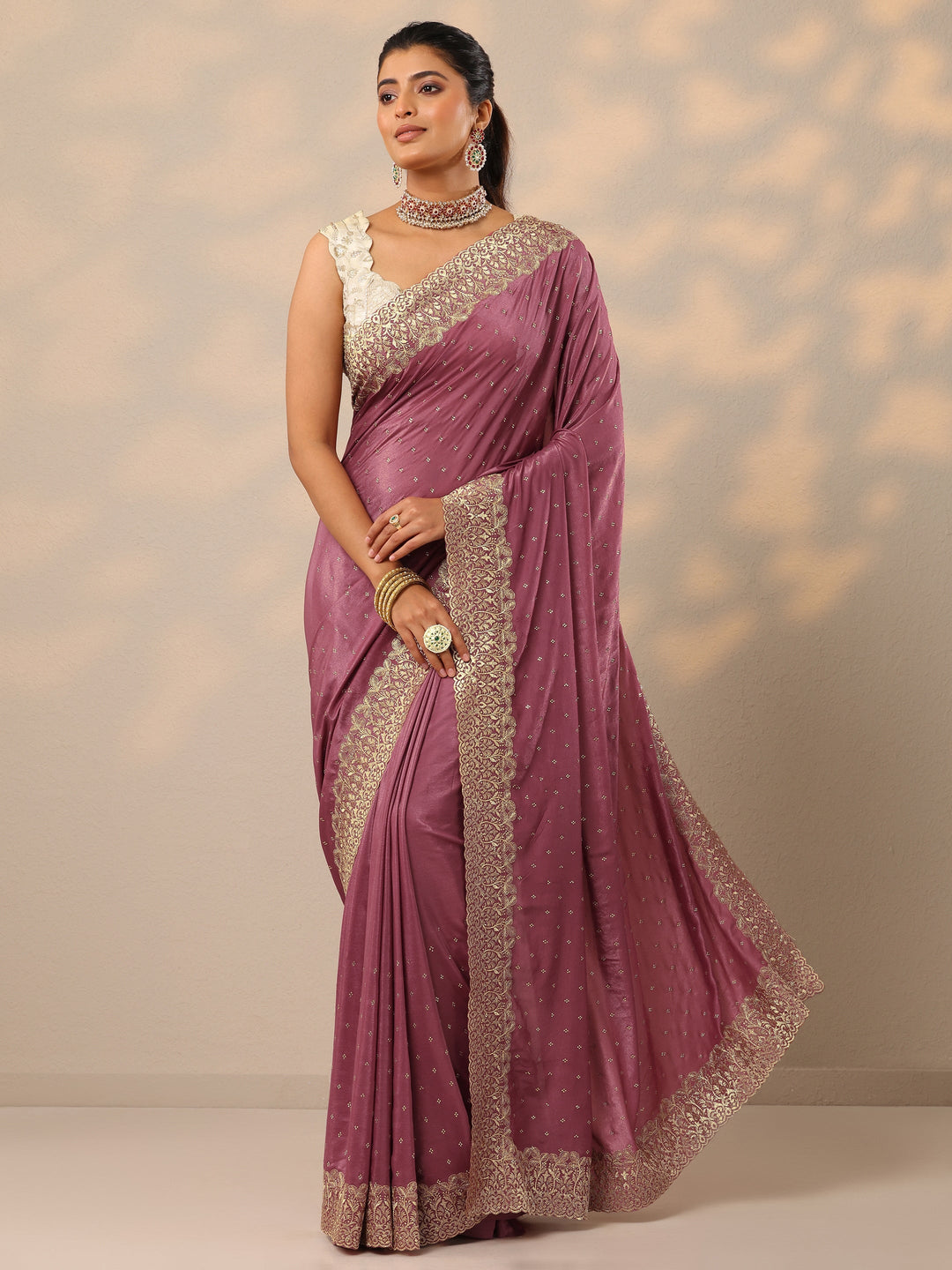  Mauve Embellished Crepe Sarees With Unstitched Blouse Piece 