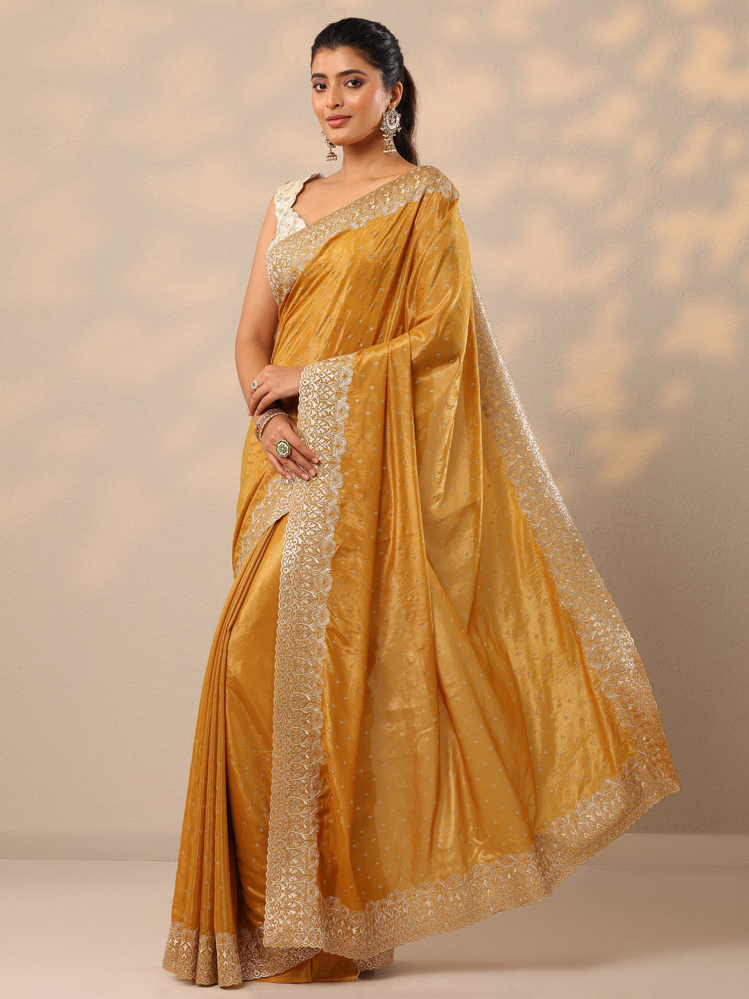  Mustard Embellished Crepe Sarees With Unstitched Blouse Piece 