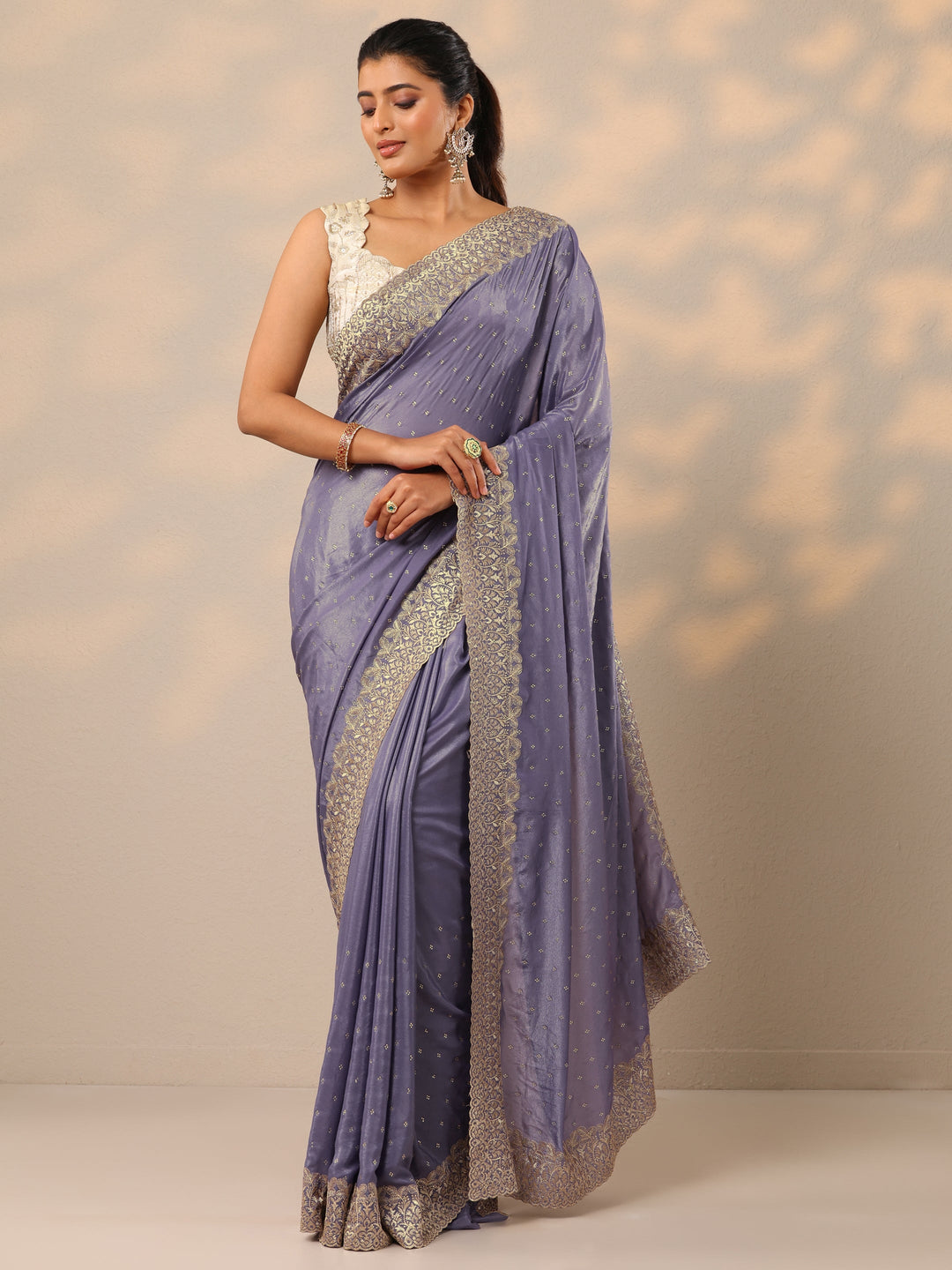  Lavender Embellished Crepe Sarees With Unstitched Blouse Piece 