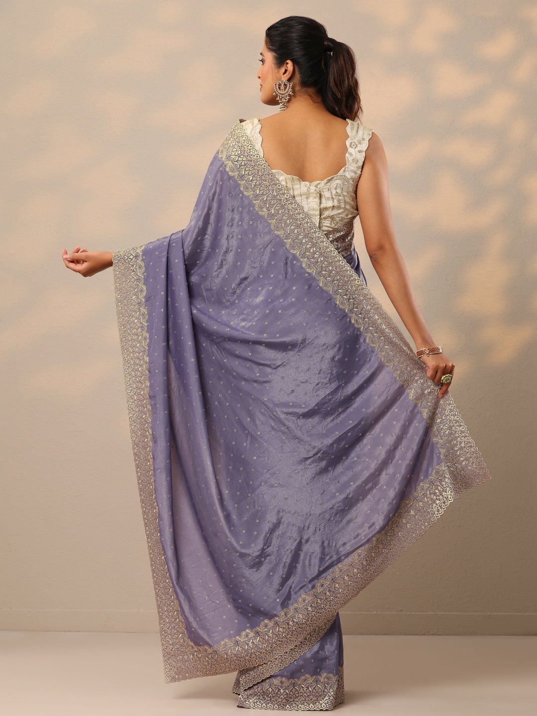 Lavender Embellished Crepe Sarees With Unstitched Blouse Piece 