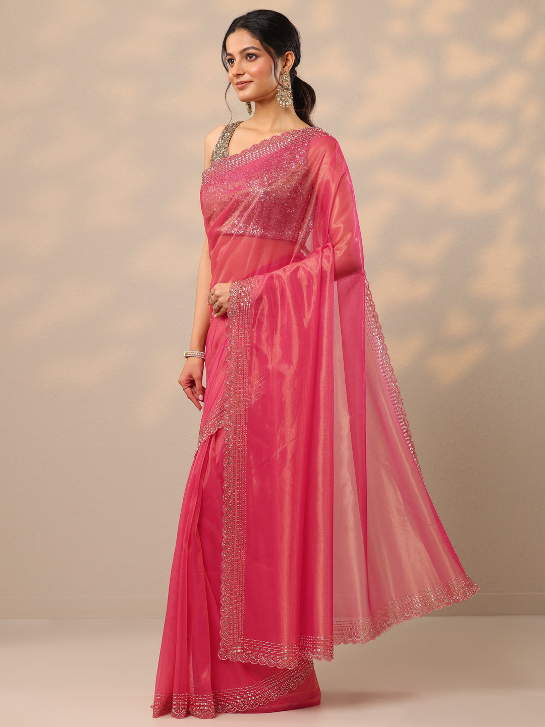  Pink Embellished Nylon Sarees With Unstitched Blouse Piece 