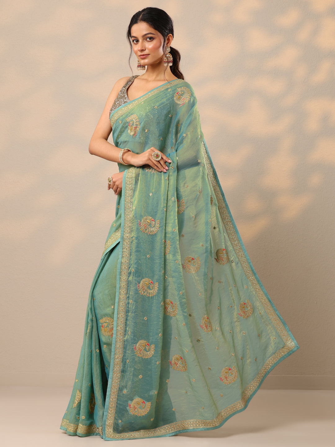  Blue Embroidered Organza Sarees With Unstitched Blouse Piece 