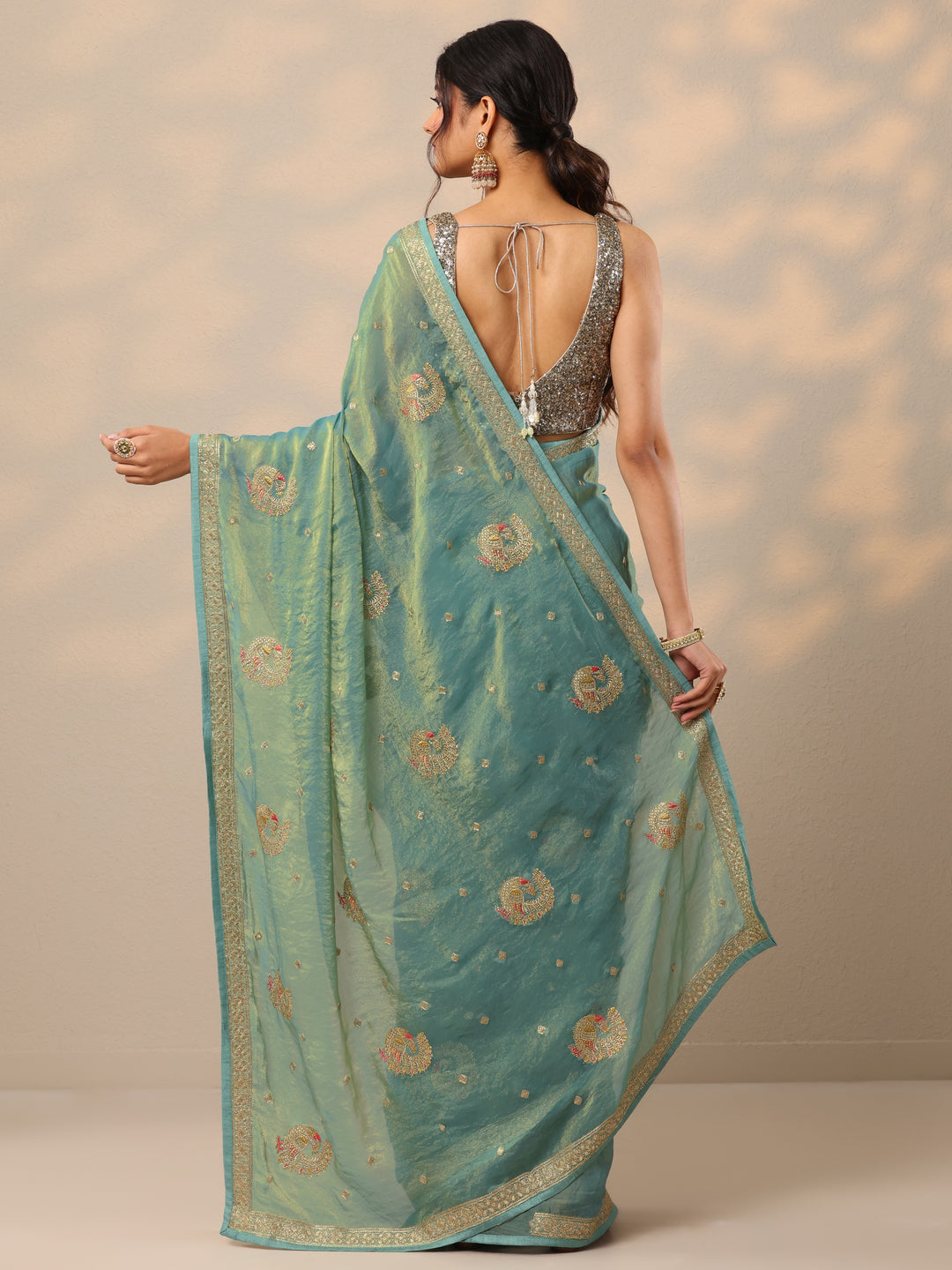  Blue Embroidered Organza Sarees With Unstitched Blouse Piece 