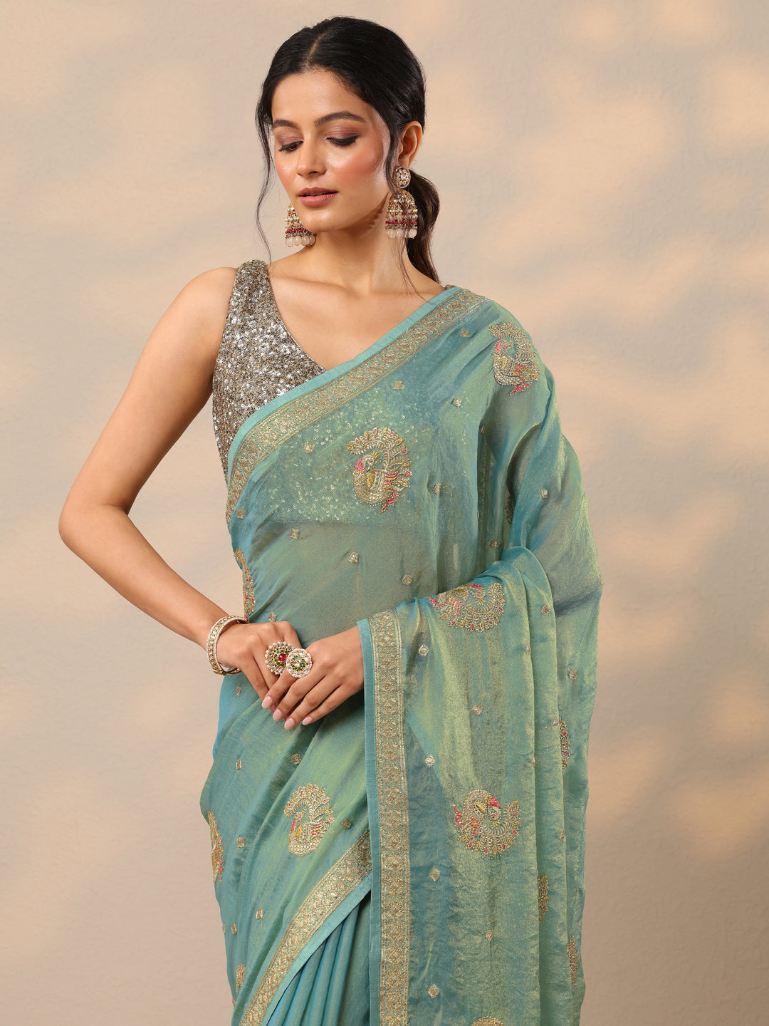  Blue Embroidered Organza Sarees With Unstitched Blouse Piece 
