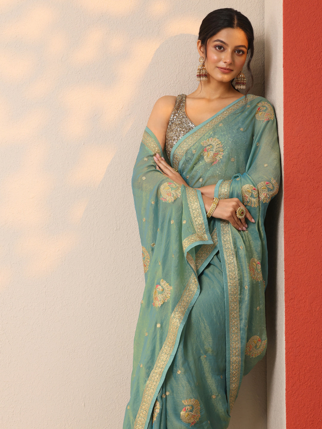  Blue Embroidered Organza Sarees With Unstitched Blouse Piece 