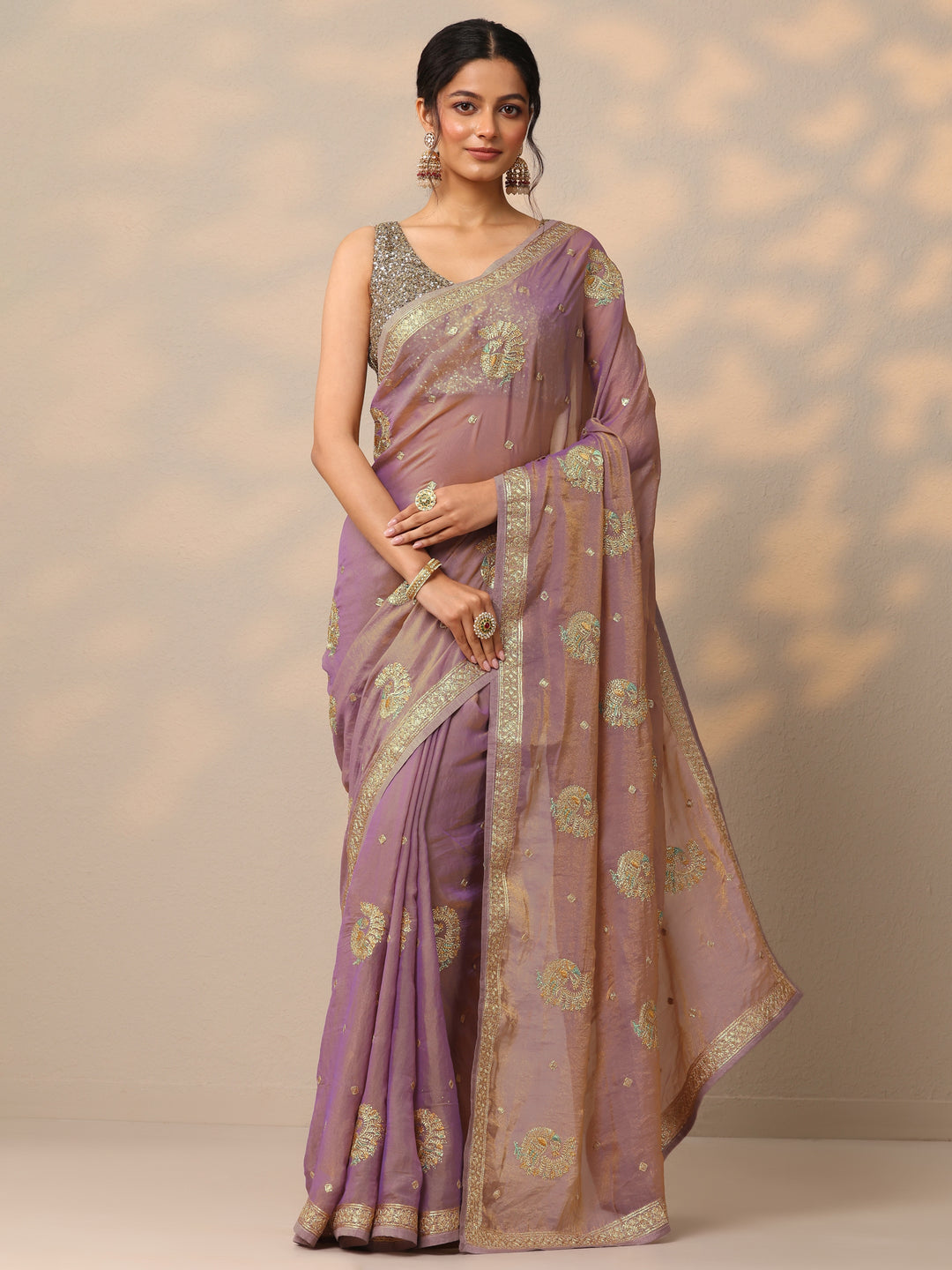  Lavender Embroidered Organza Saree With Unstitched Blouse Picece 