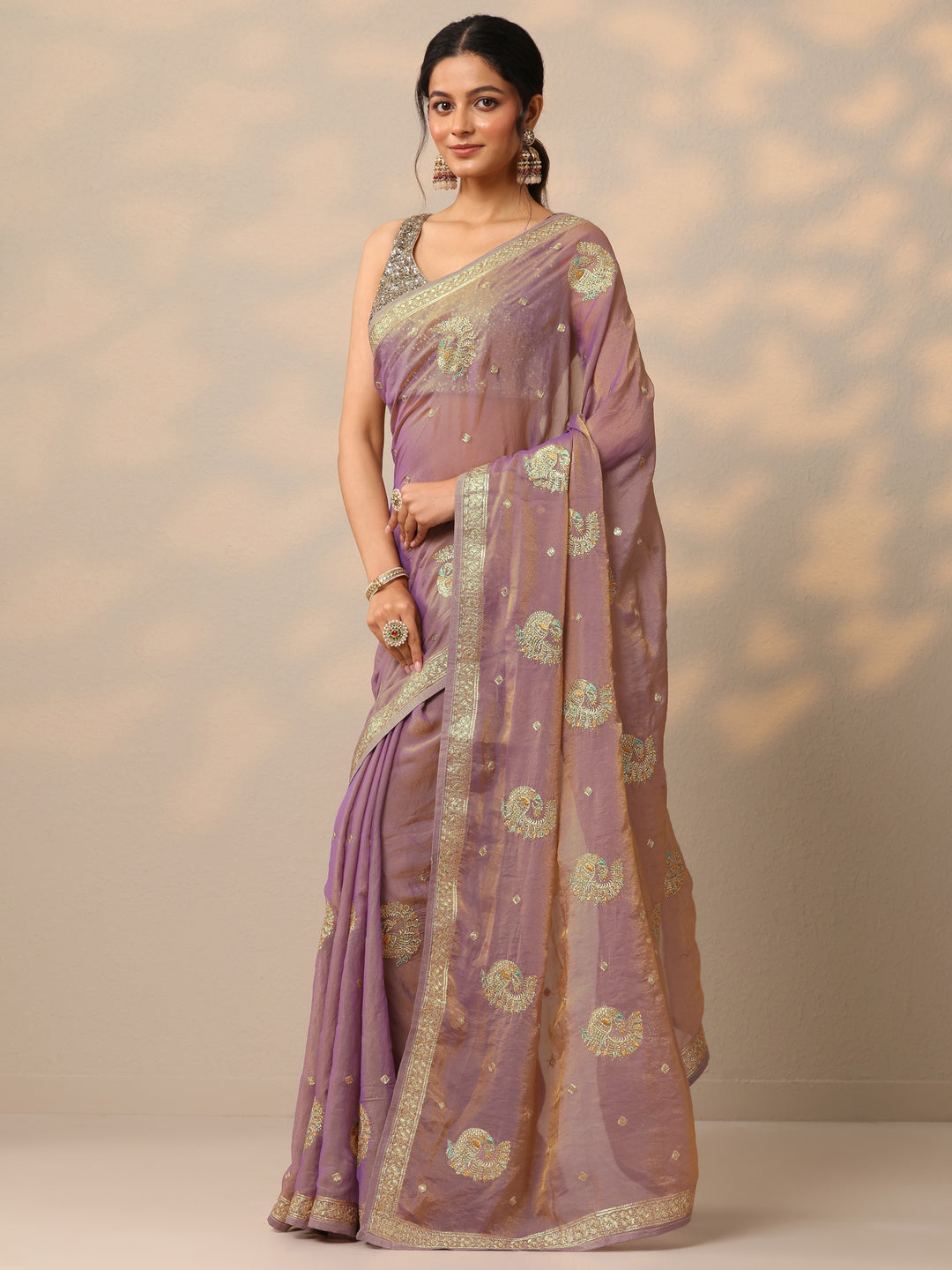  Lavender Embroidered Organza Saree With Unstitched Blouse Picece 