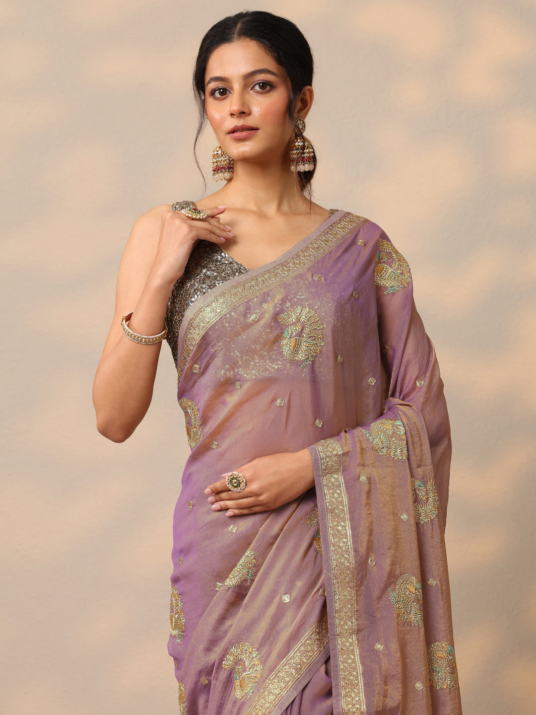  Lavender Embroidered Organza Saree With Unstitched Blouse Picece 