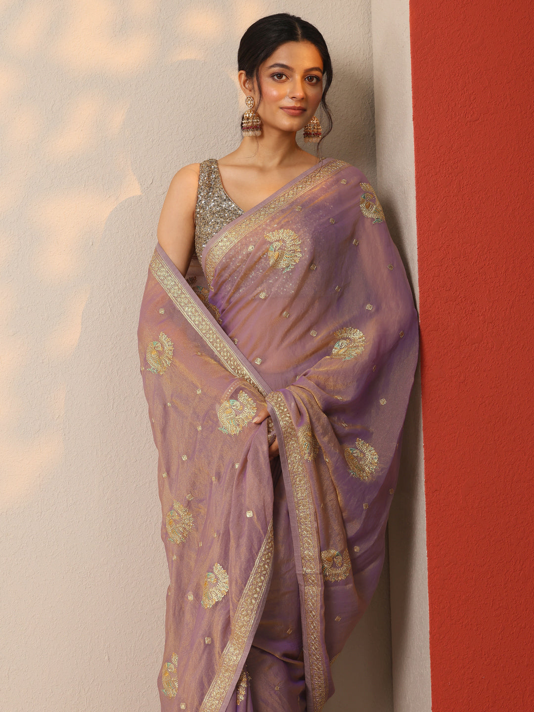 Lavender Embroidered Organza Saree With Unstitched Blouse Picece