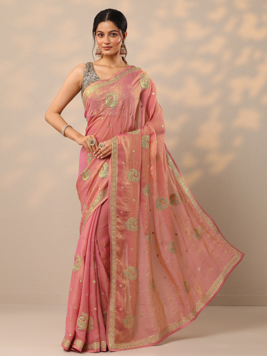 Peach Embroidered Organza Sarees With Unstitched Blouse Piece