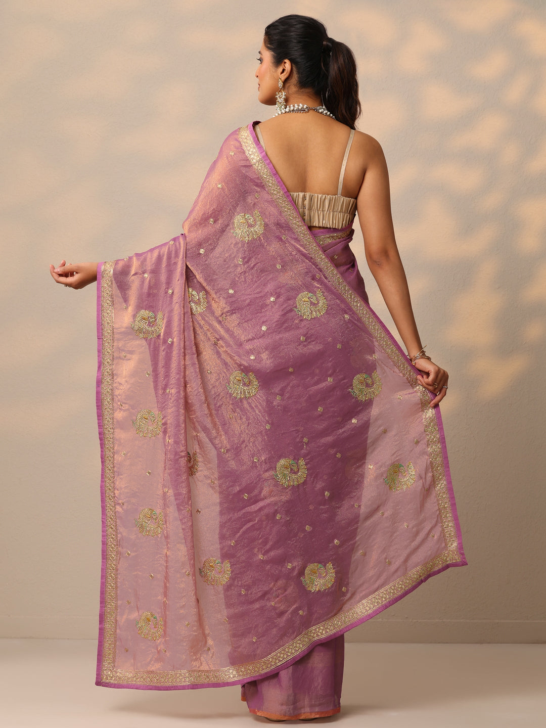  Mauve Embroidered Organza Sarees With Unstitched Blouse Piece 