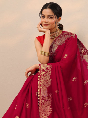 Red Embroidered Silk Blend Sarees With Unstitched Blouse Piece
