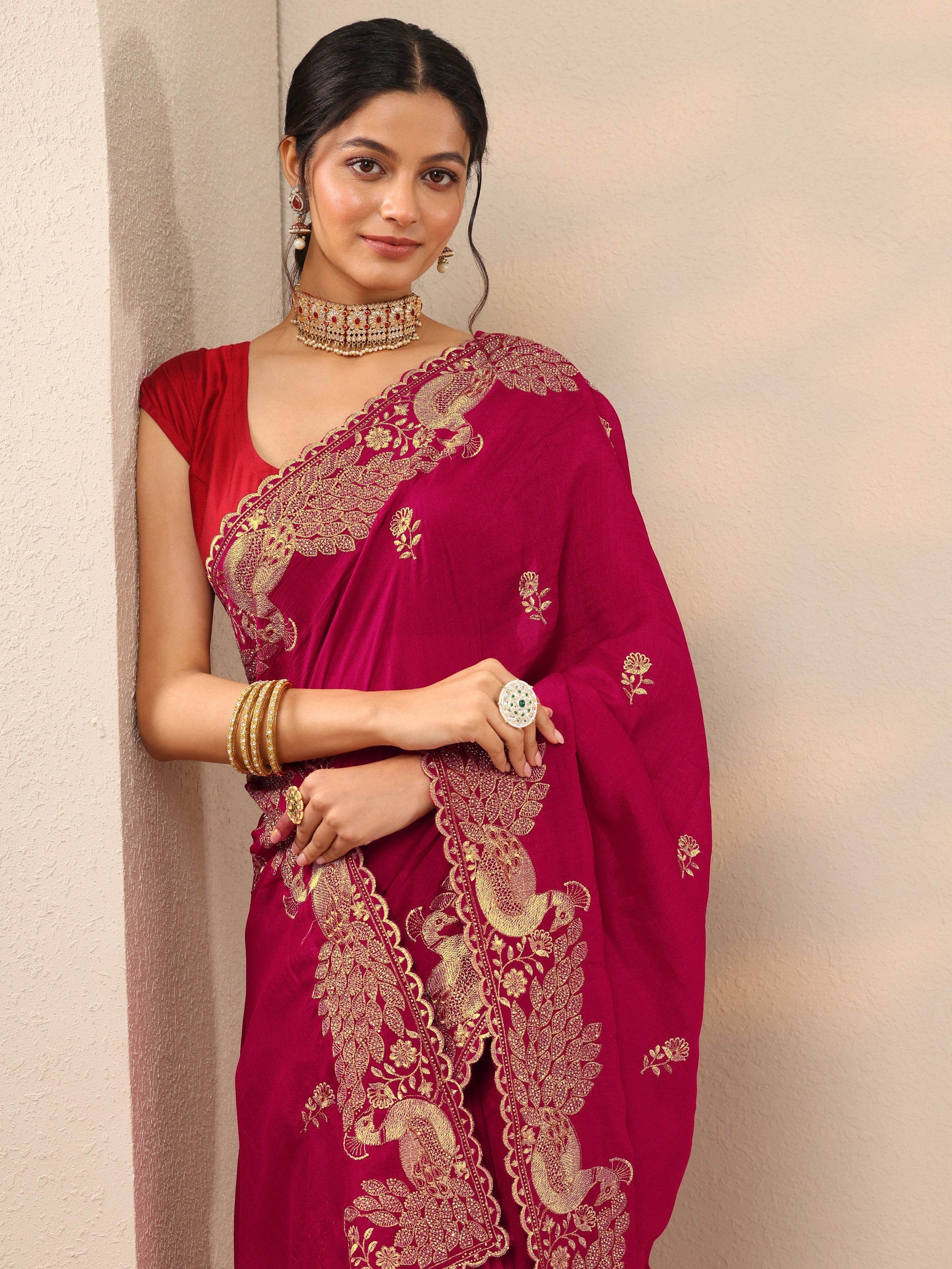 libas Pink Embroidered Silk Blend Sarees With Unstitched Blouse Piece-picture-41