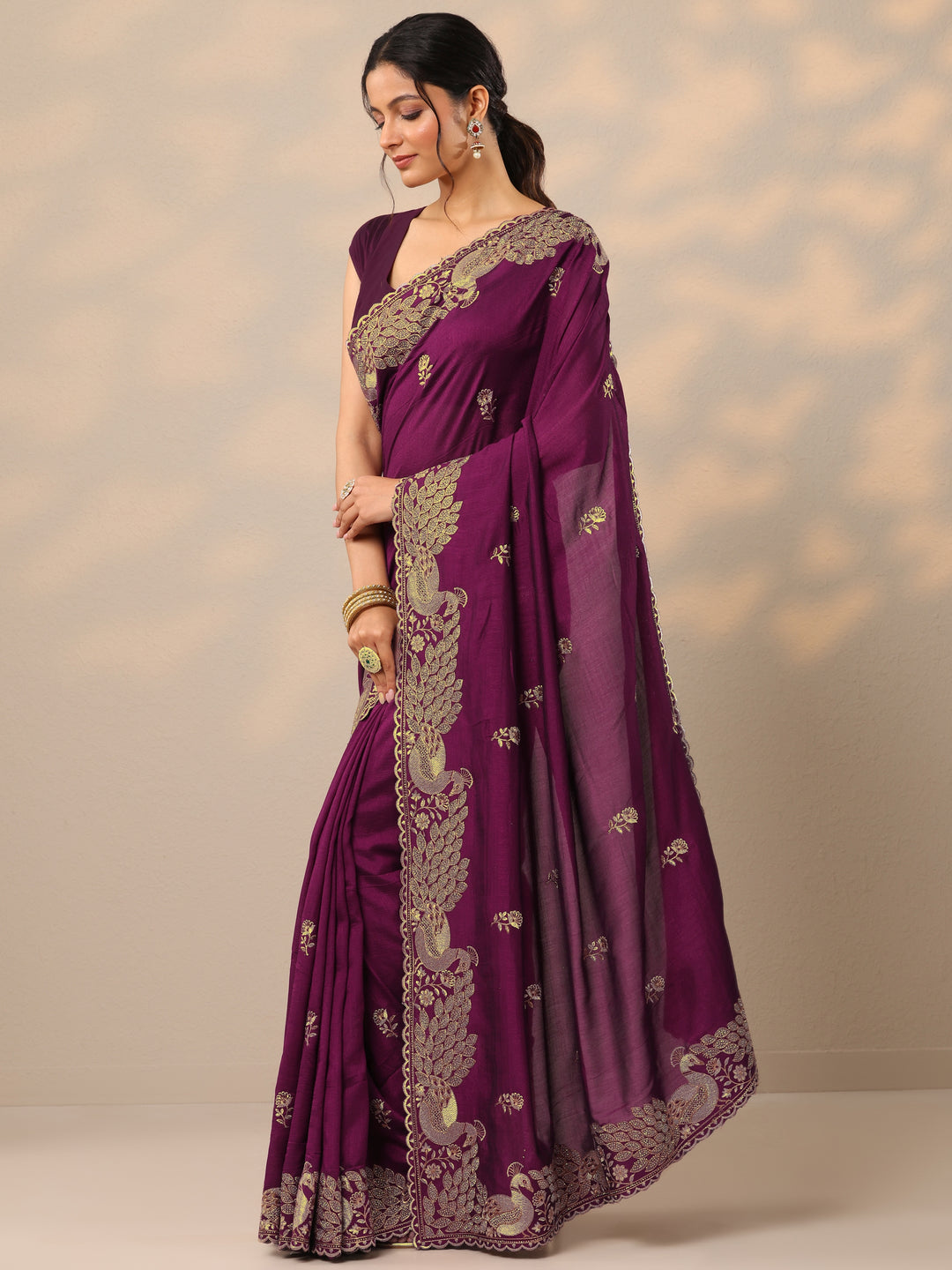  Burgundy Embroidered Silk Blend Sarees With Unstitched Blouse Piece 